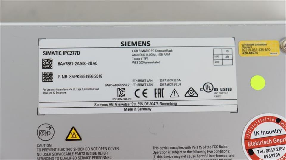 Siemens IPC277D Touch 9'' TFT 6AV7881-2AA00-2BA0 6AV7 881-2AA00-2BA0 TESTED